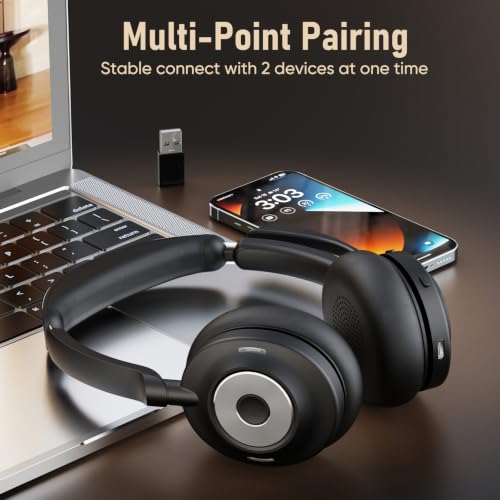Bluetooth Headset with Microphone for PC & Laptop, Wireless Office Headset with USB Dongle, ENC Noise Cancelling Mic, 30H Talk Time, On-Ear Computer Headset for Zoom Teams Call Center