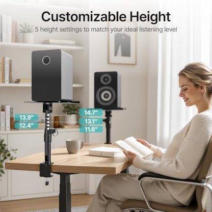 Clamp-on Speaker Stand Pair Heavy-Duty Desktop Speaker Mount Black | Height, Tilt & Swivel Adjustable, Clamp-on Desktop Installation, Universal Fit, For Home, Office & Studio Bookshelf Speakers