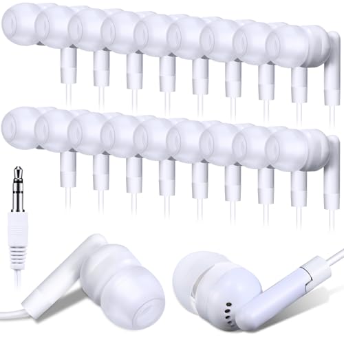 Kanayu 100 Pack Wired Earbuds Bulk for Classroom Ear Headphones Wired Basic Student Earbuds No Microphone with 3.5MM Jack for Class Laptop School Library, Individually Bagged (White) - color: White