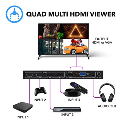 OREI 4x1 Out Quad Screen Multiviewer 1080p 3.5mm/Analog IR Remote HDMI 1.4 | HDMI Multiviewer, HDMI Switcher 4 in 1 Out – 5 Display Modes, VGA Output, LPCM 2.0 Audio, 4.95Gbps Bandwidth - style: 4x1 Multiviewer