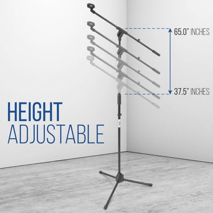 Pyle Foldable Tripod Microphone Stand - Universal Mic Mount and Height Adjustable from 37.5'' to 65.0'' Inch High w/ Extending Telescoping Boom Arm Up to 28.0'' - Knob Tension Lock Mechanism PMKS3