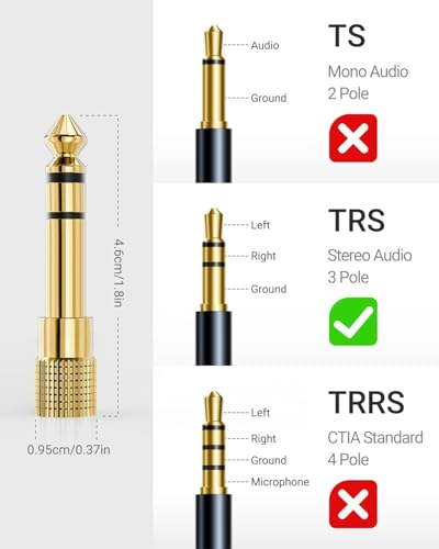 2 Pack 6.35mm Male to 3.5mm Female 1/4 inch to 1/8 inch 24K Stereo Audio Jack Adapter for Aux Cable, Guitar Amplifier, Headphone