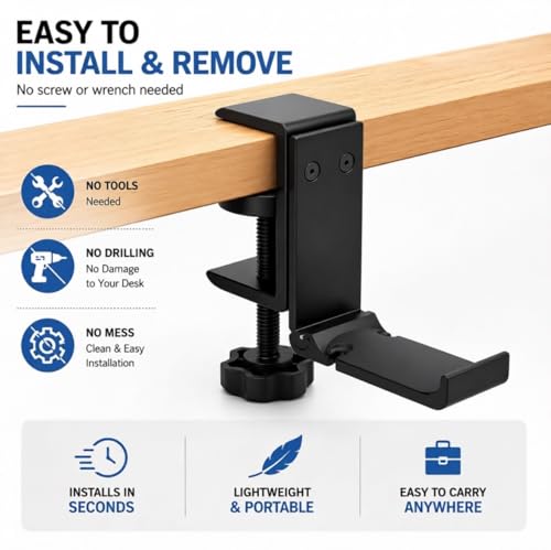 Aluminium Headphone Stand Hanger Under Desk, Foldable Headset Holder with Cable Organizer, Adjustable Clamp-On Headphone Hook, Non-Slip Desk Mount for Gaming Headphones, Bags & Accessories