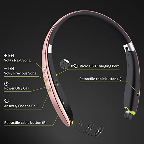 Bluetooth Headset, Neckband Bluetooth Headphones with Retractable Earbuds | Noise Cancelling Stereo Earphones with Mic, Foldable Wireless Headphones for Sports Office w/Carry Case, Rose Gold - color: Rose Gold