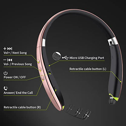 Bluetooth Headset, Neckband Bluetooth Headphones with Retractable Earbuds | Noise Cancelling Stereo Earphones with Mic, Foldable Wireless Headphones for Sports Office w/Carry Case, Rose Gold - color: Rose Gold