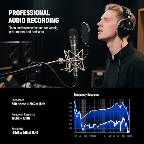 NEEWER NW-040 Cardioid Dynamic Microphone with XLR Cable, Rigid Metal Housing, Unidirectional Pickup Mic for Musical Instruments Voice Public Speech Podcast Singing PC Gaming Streaming Studio, Black