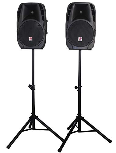 Rockville RPG2X12 PA Speaker System - Dual 12 Inch Powered Speakers, 8-Channel Mixer with Bluetooth, Adjustable Stands, 2 Wired Microphones, Cables - size: 12"