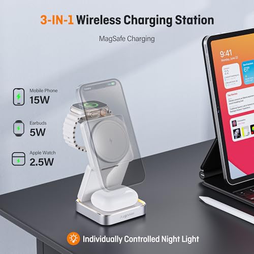 【2026 Upgraded】Wireless Charger 3 in 1, Foldable Wireless Charging Station with Light for Apple Magnetic Charger, Travel Magnetic Charger for iPhone 17/16/15/14/13/12 Apple Watch AirPods (20W Adapter) - color: white