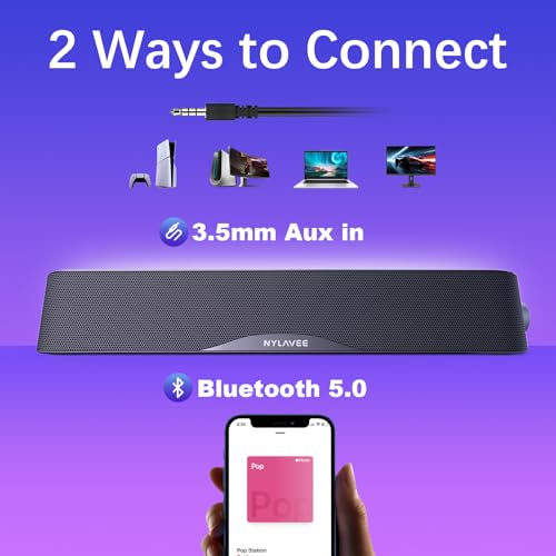 Nylavee Computer Speakers for Desktop PC, Bluetooth & AUX PC Sound Bar | 4-Driver Hi-Fi Stereo Sound, USB A/C Power, Built-in Mic and Headphone Jack, PC Speakers for Desktop, Laptop, Monitor - color: Black