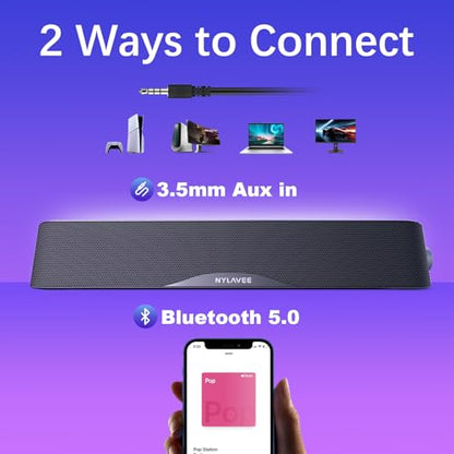 Nylavee Computer Speakers for Desktop PC, Bluetooth & AUX PC Sound Bar | 4-Driver Hi-Fi Stereo Sound, USB A/C Power, Built-in Mic and Headphone Jack, PC Speakers for Desktop, Laptop, Monitor - color: Black