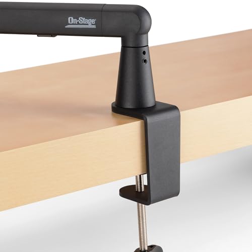 On-Stage MBS-LP1 Low-Profile Broadcast Boom Arm – Adjustable Mic Stand with 5/8" Thread, Cable Management, C-Clamp & Flange Mount – Quiet Hinges, 360° Swivel for Podcasting & Streaming