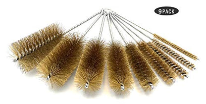 Pipe Cleaning Brush Set with Brass Bristles, 9 Piece Variety Pack for Auto Parts, Bottles,Tubes, Etc.