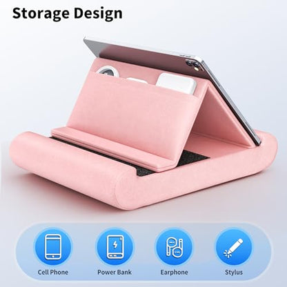 Tablet Pillow Stand, Foldable Tablet Holder for Lap, Bed, Soft Pillow Pad | with Pocket and Stylus Mount, for 4-13" Tablets, Like iPad Pro 11, 13, Air, Mini, Kindle, Galaxy Tab, Pink - color: Pink