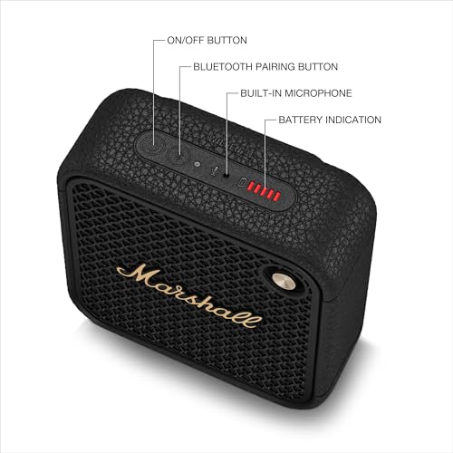 Marshall Willen II Portable Bluetooth Speaker - Rugged Waterproof/Dust-Proof Design | Loud Stereo Sound, Deep Bass | Compact and Wireless for Travel and Outdoors - Black and Brass - color: Black