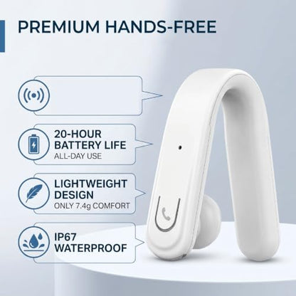 Single Ear Bluetooth Headset, Handsfree Earphone with Mic, IP67 Water Proof Ear Hook Wireless Earpiece for Truck Driver Laptop Cell Phone (White) - color: White