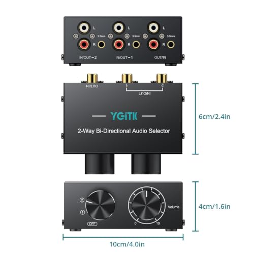 2-Way Stereo Audio Switcher 2-in-1-Out/ 1-in-2-Out Bi-Directional 3.5mm Aux & RCA L/R Audio Switch Selector Box with Off Button for Speaker Headphones Amplifiers CD Player Turntable Computer - size: 2 Way
