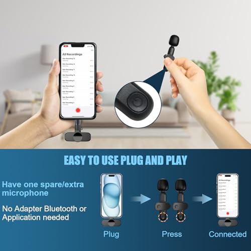 2 Pack Wireless Microphones for iPhone iPad Android Laptop, Clip-on Mini Microphone Plug-Play, Professional Lavalier Microphone for YouTube, TikTok, Vlog, Live Streaming, Interview