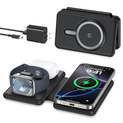 Wireless Charger iPhone - 3 in 1 Charging Station for Apple Devices for iPhone 17 16 15 14 13 12 Pro Max Plus - Foldable Magnetic Charging Pad for Apple Watch Series & Airpods Series - color: Black