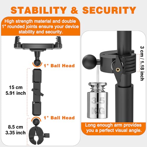 iPad Mic Stand Mount, 360 Rotation Tablet Holder for Microphone Music Stand with 5.9 Inch Metal Arm, Super C Clamp for 0.6-1.5" Diameter Rods, Compatible with All 4.7-13.5" Tablets & Smartphones