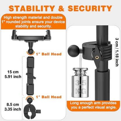 iPad Mic Stand Mount, 360 Rotation Tablet Holder for Microphone Music Stand with 5.9 Inch Metal Arm, Super C Clamp for 0.6-1.5" Diameter Rods, Compatible with All 4.7-13.5" Tablets & Smartphones