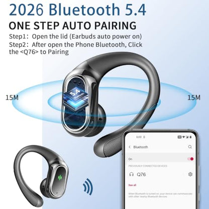 Wireless Earbuds, 2026 Bluetooth 5.4 Headphones Sport, 60Hrs HiFi Stereo Deep Bass Over-Ear buds with ENC Noise Cancelling Mic, IP7 Waterproof & LED Display Earphones with Earhooks for Workout/Running - color: SkyMark Black