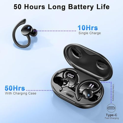 Wireless Earbuds, Bluetooth 5.4 Headphones Sport, 50H Deep Bass Sound Over Ear Buds with 4 ENC Noise Cancelling Mic, Dual LED Display, IP7 Waterproof Earphones with Earhook for Workout/Running/Gym - color: Pure Black