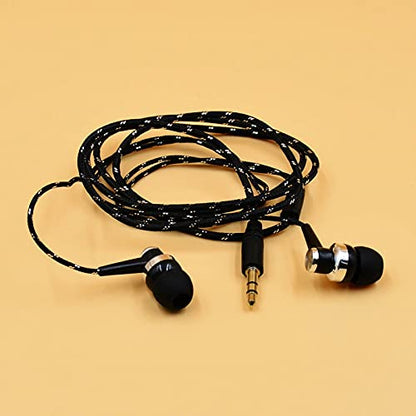 Black in-Ear Earbuds Stereo Tangle Free Braided Cable Cord Quality Sound High Bass Silicone Tips for iPod Zune MP3 Player 3.5mm Jack