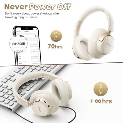 BERIBES Hybrid Active Noise Cancelling Headphones Wireless Over Ear 70Hours | Foldable Bluetooth 6.0,Transparent Modes,3.5MM Cable,Lightweight Built-in Mic,HiFi Stereo Deep Bass,Soft-Earpad,Fast Charging - color: Beige