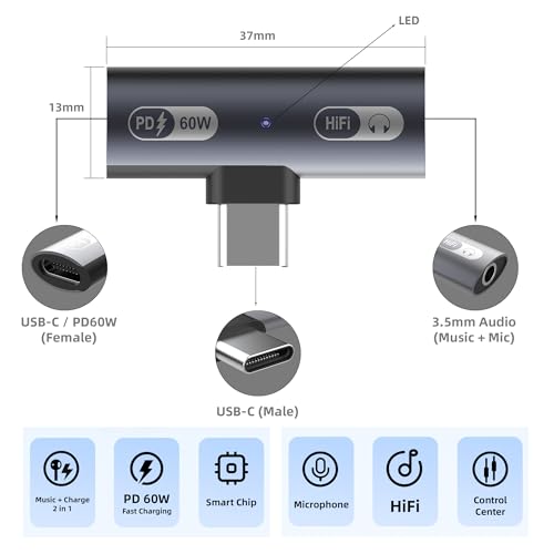 2 in 1 USB C to 3.5mm Audio Headphone Adapter and Charger, USB-C Headphone Jack HiFi DAC with 60W Fast Charging Dongle Adapter Compatible with iPhone 17/16 Series,iPad,MacBook,Galaxy S24/S23