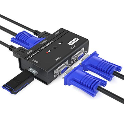MT-VIKI VGA KVM Switch, 2 Port USB VGA KVM Switch for 2 Computers Share 1 Monitor Keyboard Mouse Printer, + 2 KVM Cables