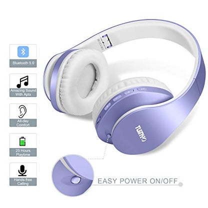 TUINYO Wireless Headphones Over Ear, Bluetooth Headphones with Microphone, Foldable Stereo Wireless Headsetfor Travel Work TV PC Cellphone-Purple - color: Purple