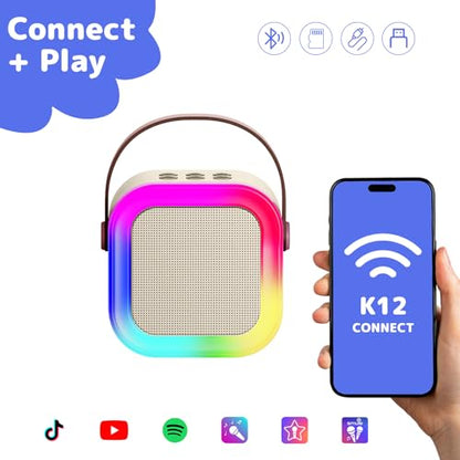 Karaoke Machine for Kids Adults, Mini Karaoke Machine with 2 Wireless Microphones, Portable Bluetooth Speaker with Voice Changing Effects & LED Lights, Best Gifts Toys for Girls and Boys - color: Beige