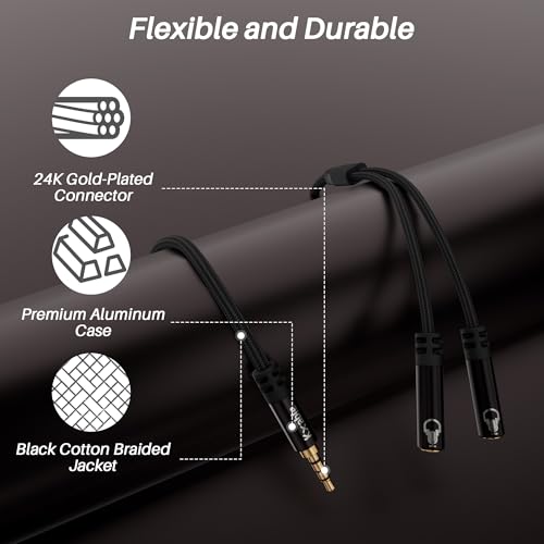 1/8inch Aux Headphone Splitter 2 Way Cable 1.5FT, 3.5mm 4-Pole Male to 2-Female Port Mic and Audio Stereo Y TRRS Adapter, Compatible with Headset Earphone PS4 Xbox PC Laptop MP3 players Phone Tablet - size: 1.5FT