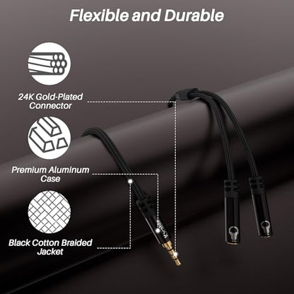 1/8inch Aux Headphone Splitter 2 Way Cable 1.5FT, 3.5mm 4-Pole Male to 2-Female Port Mic and Audio Stereo Y TRRS Adapter, Compatible with Headset Earphone PS4 Xbox PC Laptop MP3 players Phone Tablet - size: 1.5FT