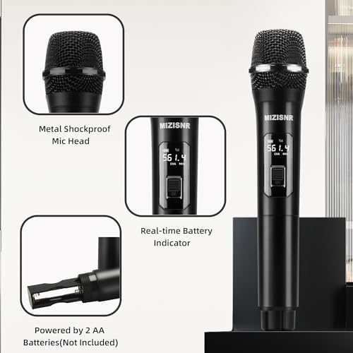 UHF Wireless Microphone Systems, 4 Channels Cordless Handheld Dynamic Karaoke Mic Set, Auto Connect 300ft Range Transmission for Singing, Karaoke, DJ Party, Church, Wedding, PA Speaker