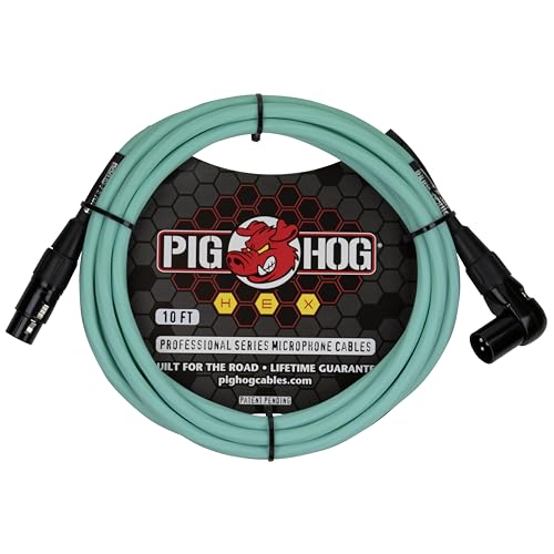 Pig Hog PHMH10SGR Hex Series, 10ft Right Angle Mic Cable, Seafoam Green