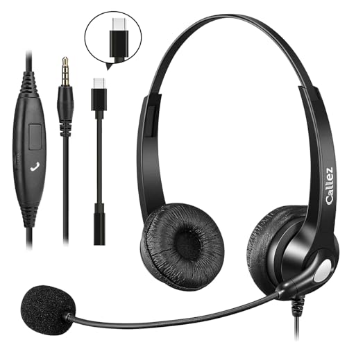 Callez Wired Computer Headset for PC Laptop Mac iPhone Samsung Zoom Teams | 3.5mm/USB-C Headset with Mic Noise Cancelling, Cell Phone Headphone for Work Call Center Home Office, in-line Controls - color: Gray
