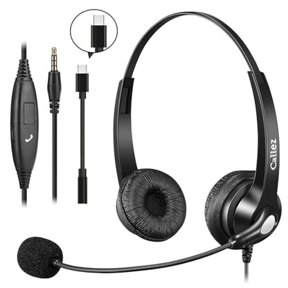 Callez Wired Computer Headset for PC Laptop Mac iPhone Samsung Zoom Teams | 3.5mm/USB-C Headset with Mic Noise Cancelling, Cell Phone Headphone for Work Call Center Home Office, in-line Controls - color: Gray