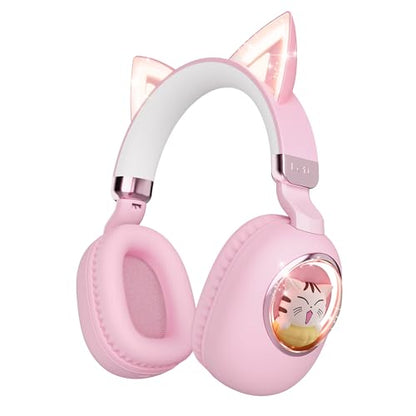 Kids Headphones Bluetooth 5.4 - Cat Ear LED Light Up Noise Cancelling Wireless Headphones with Mic, 85dB Volume Limited, Wired & Wireless Mode for Travel/School/iPad