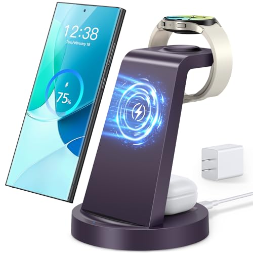 Wireless Charger for Samsung: 3 in 1 Wireless Charging Station | for Samsung Galaxy Watch 8 7 6 5 4 3 Pro S26 S25 S24 S23 S22 Ultra Z Fold Android, 18W adapter, Idea for Home Office Travel - color: Purple