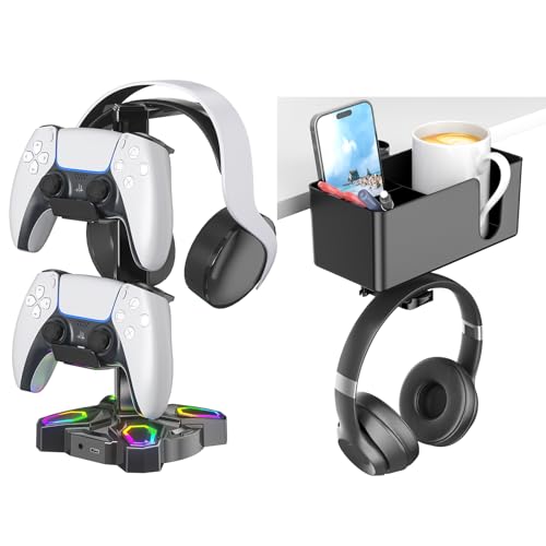 KDD Gaming RGB Headphones Stand & 4 in 1 Desk Cup Holder - Rotatable Headset Stand with 9 Light Modes - Clamp on Under Desk Headphone Hanger