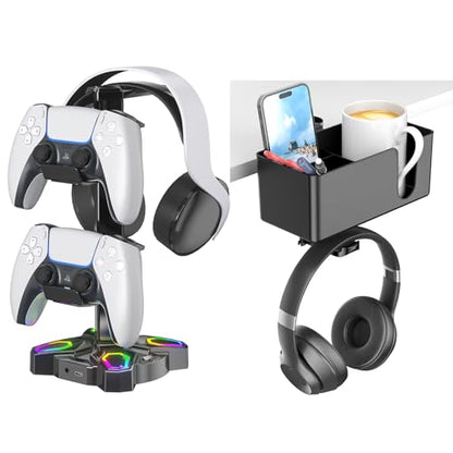 KDD Gaming RGB Headphones Stand & 4 in 1 Desk Cup Holder - Rotatable Headset Stand with 9 Light Modes - Clamp on Under Desk Headphone Hanger