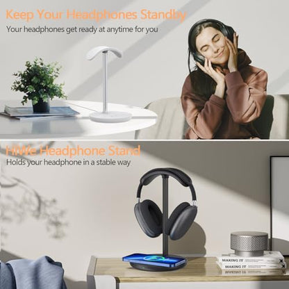 Headphone Stand with Wireless Charger, Gaming Headset Holder Hanger Rack 2 IN 1 Wireless Charging Station Dock for iPhone 15/14/13/12/11 Series, Samsung, AirPods Pro/3/2 and Desk All Headphones, Black | 2 in 1 Charging Station for iPhone, Samsung, AirPods