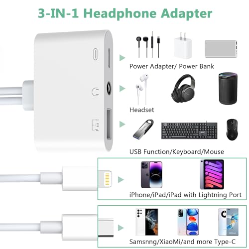 2-in-3 Lightning + USB C to 3.5mm Aux Audio Headphone Splitter Adapter Cable,USB OTG Camera Adapter+3.5mm Jack+Type-C Earphone/Charge Port,Phone Splitter for iPhone 15/14/13,Samsung,iPad,Huawei