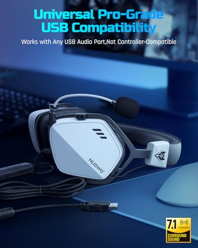 NUBWO HG03 USB-A Gaming Headset with 7.1 Surround and FPS Sound, Wired Headphones with Noise Canceling Mic, Comfortable Design for PC, Laptop - White