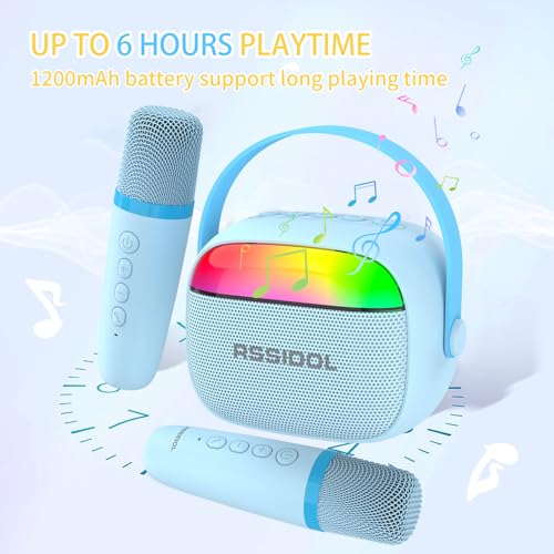 Karaoke Machine for Kids with 2 Wireless Microphones Portable Mini RGB Bluetooth Speaker Birthday Gift Toys for 3 4 5 6 7 8+ Year Old Boys - color: Blue