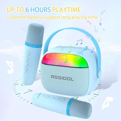 Karaoke Machine for Kids with 2 Wireless Microphones Portable Mini RGB Bluetooth Speaker Birthday Gift Toys for 3 4 5 6 7 8+ Year Old Boys - color: Blue
