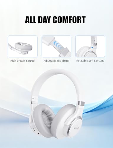 KVIDIO Hybrid Active Noise Cancelling Headphones Over Ear | Bluetooth Wireless ANC 70H Playtime, Transparency Mode, Microphone, Deep Bass, HiFi Stereo Sound for Home, Travel, Office - color: White