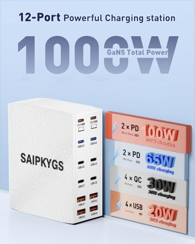 1000W USB Charging Station,12-Port USB C Charger Block with Dual 100W PD | USB-C Fast Charging Station Hub for MacBook Pro/Air/All iPad Phone 17/16 15/14/13/Pro Max/Samsung Galaxy Note - color: White