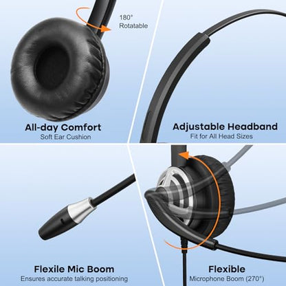 MKJ USB Headset for Computer Laptop, Noise Canceling Mic, in-line Control | PC headphones, Plug & Play, USB-A, Compatible with Zoom Teams Jabber, Call Center Office, Online Meeting, All-day Comfort